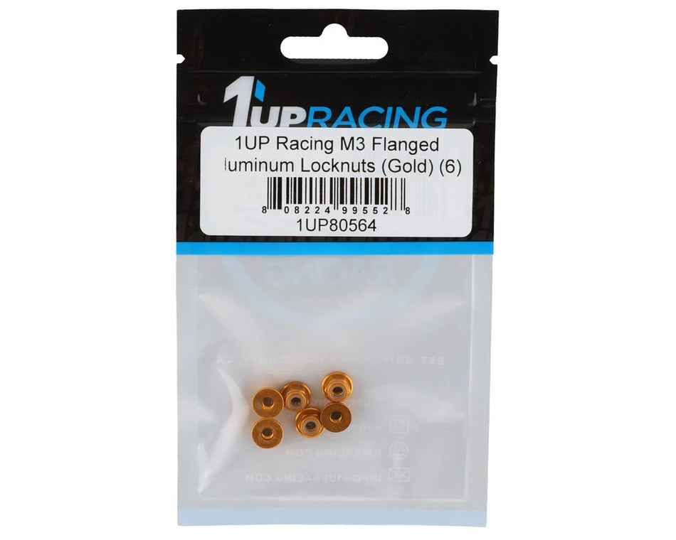 1UP Racing 3mm Aluminum Flanged Locknuts (Gold) (6)