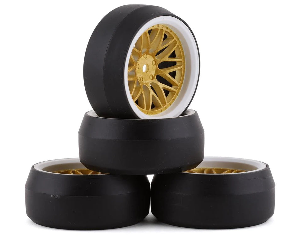 Yeah Racing Spec D Pre-Mounted Drift Tires w/LS Mesh Wheels (White/Gold) (4) w/12mm Hex & 6mm Offset