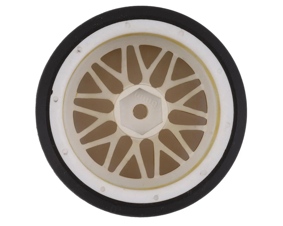 Yeah Racing Spec D Pre-Mounted Drift Tires w/LS Mesh Wheels (White/Gold) (4) w/12mm Hex & 6mm Offset